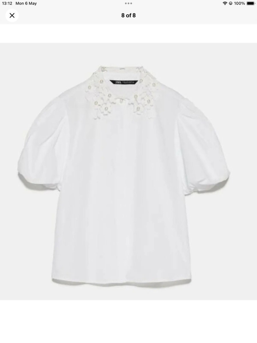 Zara White Puff Sleeve Top with Embellished Floral Collar